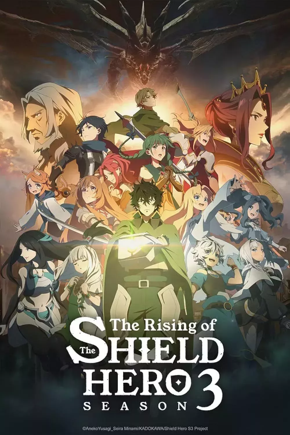 The cast of characters posing in Rising of the Shield Hero Season 3 Poster
