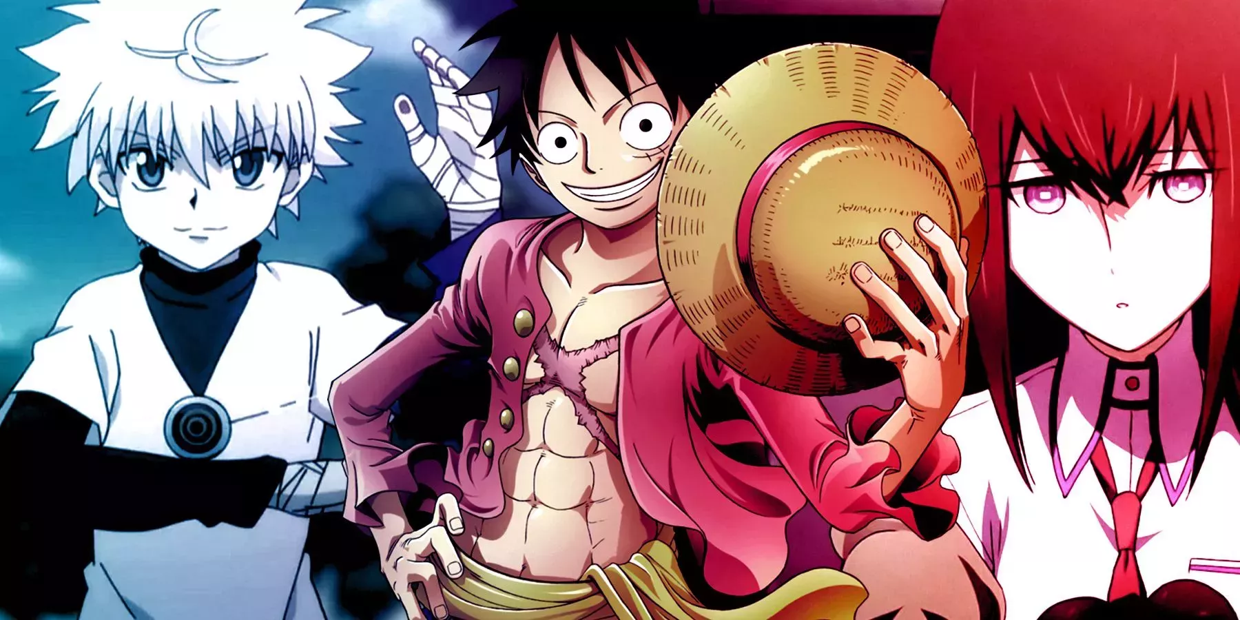On the left, Killua of 'Hunter X Hunter' plays with a yo-yo. On the right, Kurisu of 'Steins;Gate' stares out thoughtfully. Luffy of 'One Piece' is seen in the middle, smiling and holding his straw hat.