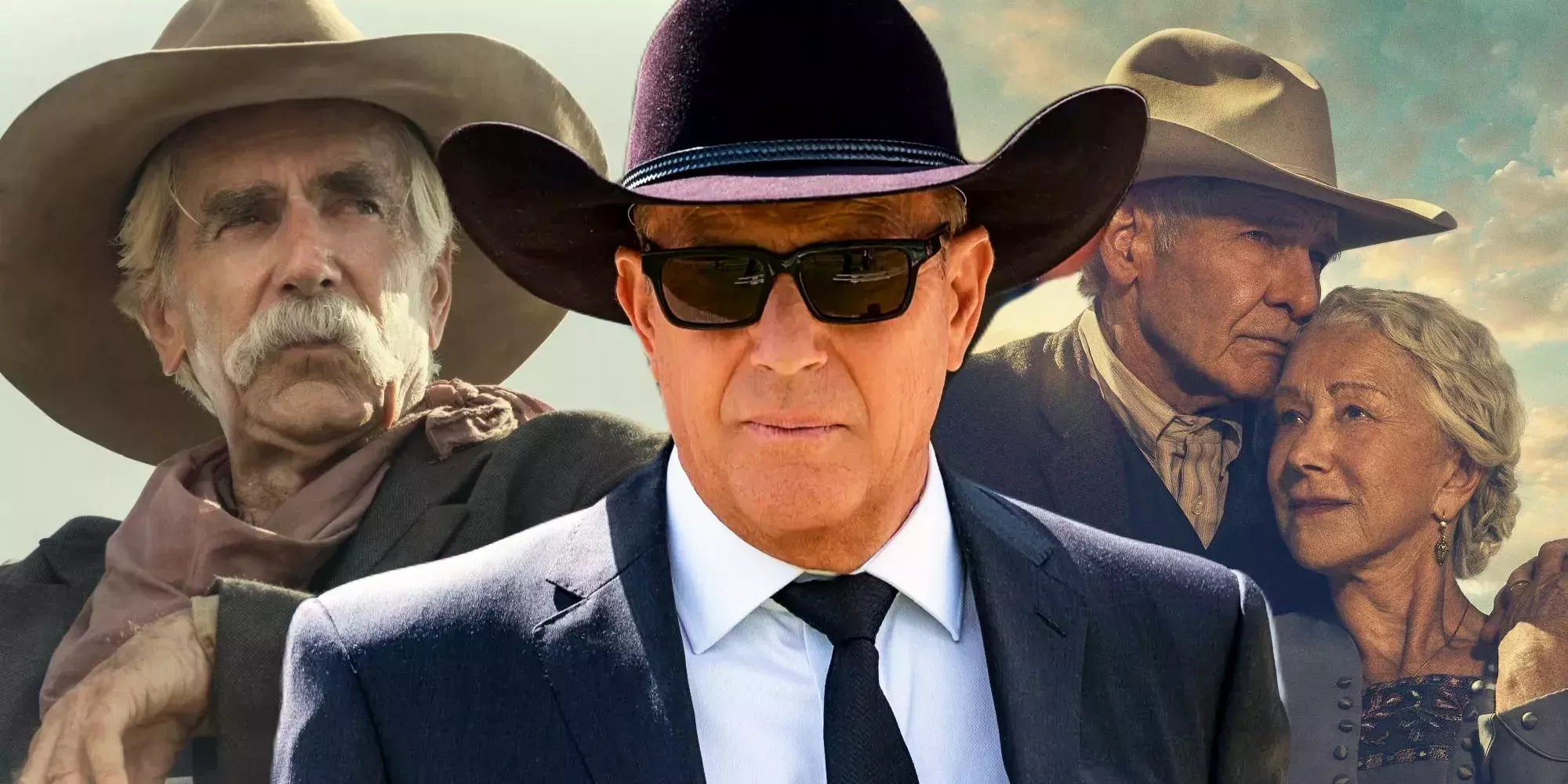 Sam Neill in 1883; Kevin Costner as John Dutton in Yellowstone; Harrison Ford and Helen Mirren in 1923