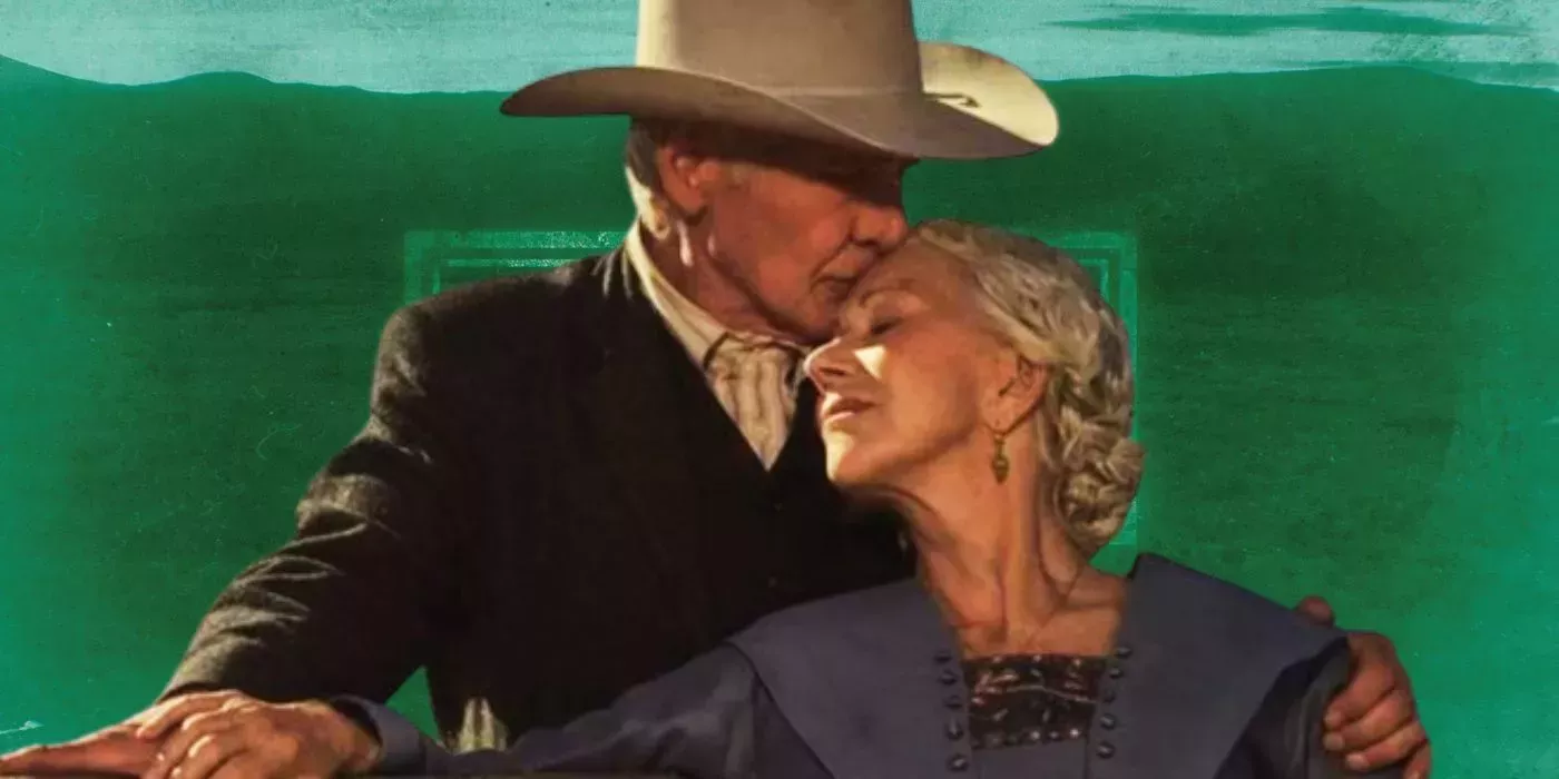 Cara and Jacob Dutton against a backdrop of the 1923 title card.