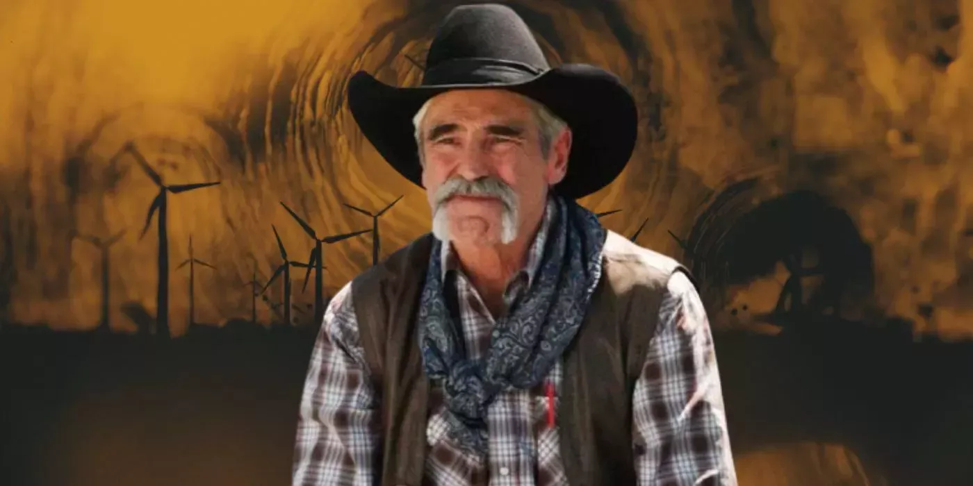 Lloyd from Yellowstone in front of an image from the show's opening. 