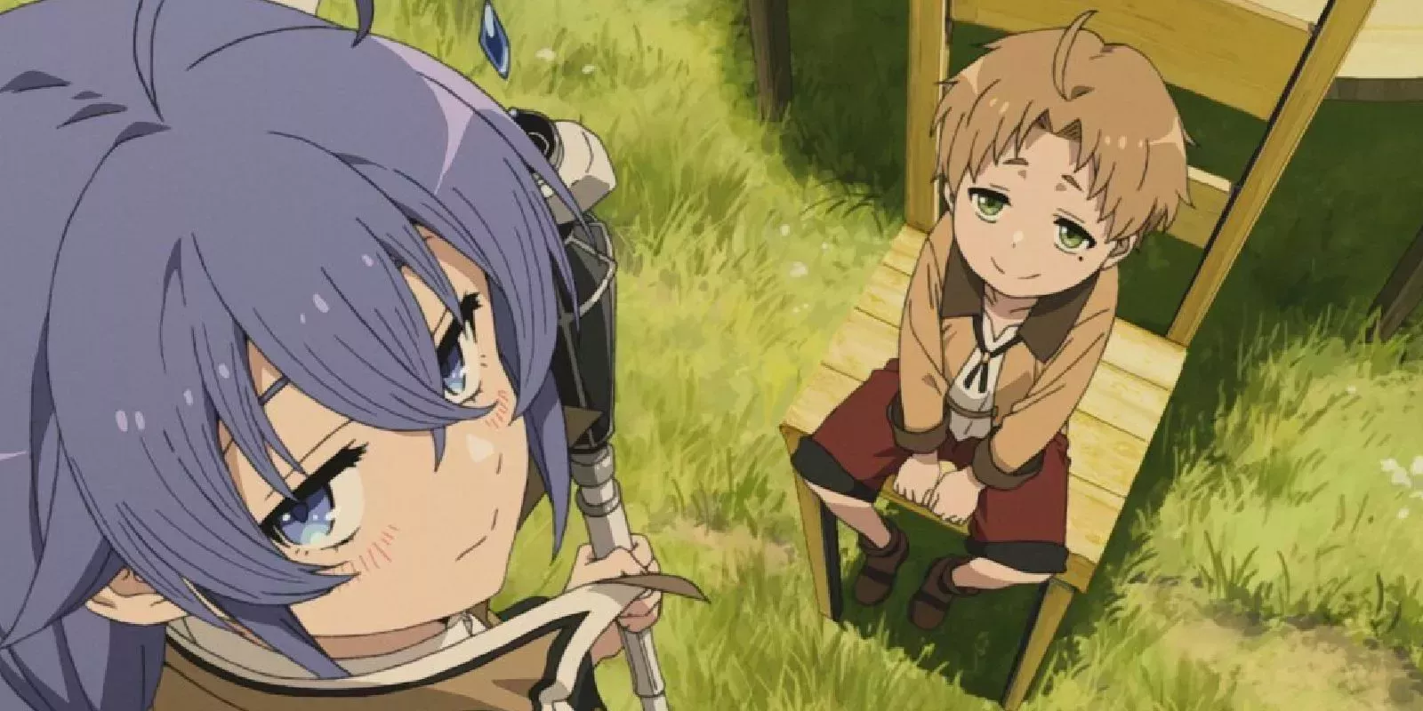 Rudeus as a child and Roxy looking judgingly in Mushoku Tensei