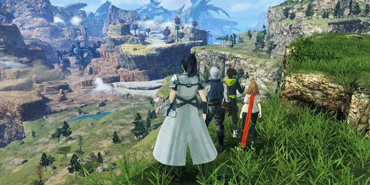 Main cast of Xenoblade Chronicles 3 gazing upon the world of Aionios.