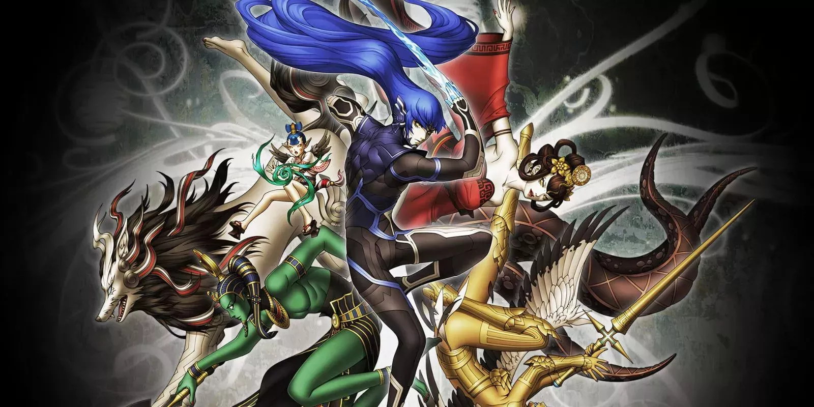 Shin Megami Tensei V key art featuring protagonist and various demons behind him.