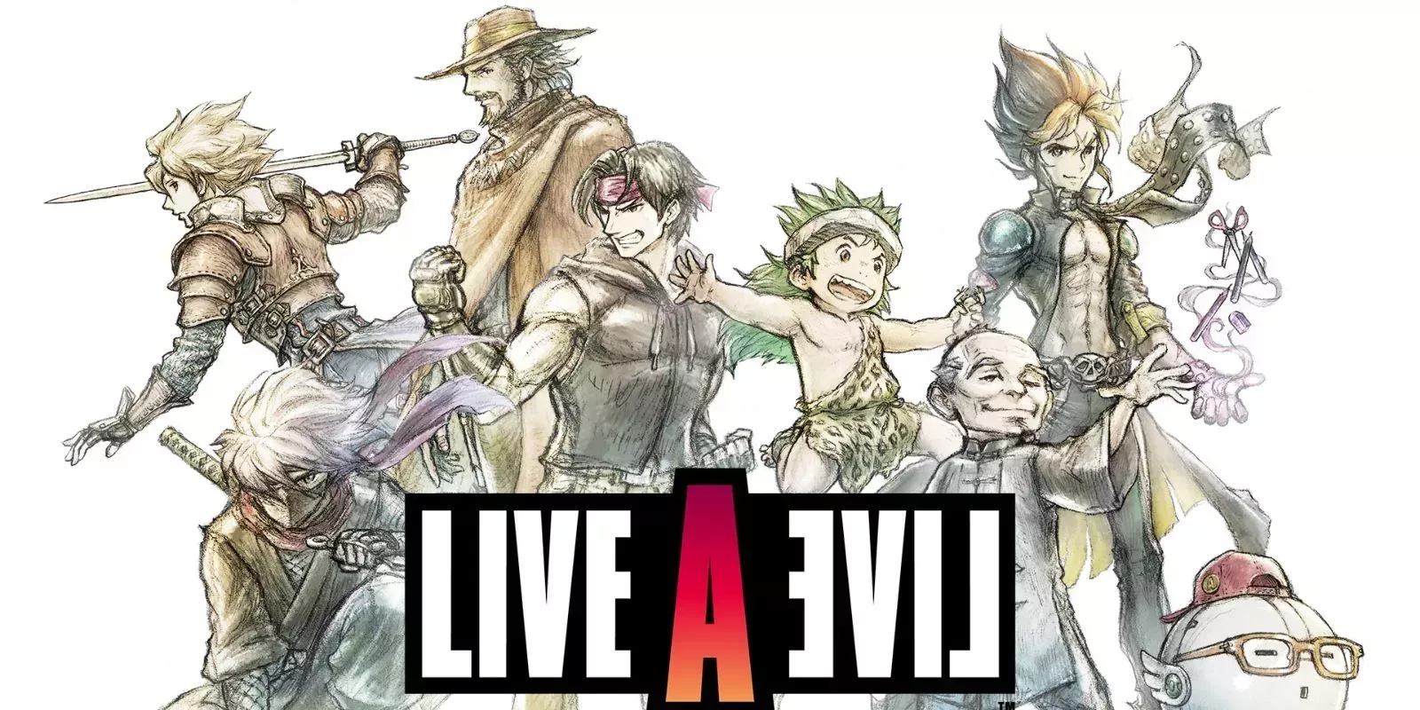 Live A Live key art featuring the main cast from the different time periods in the game.