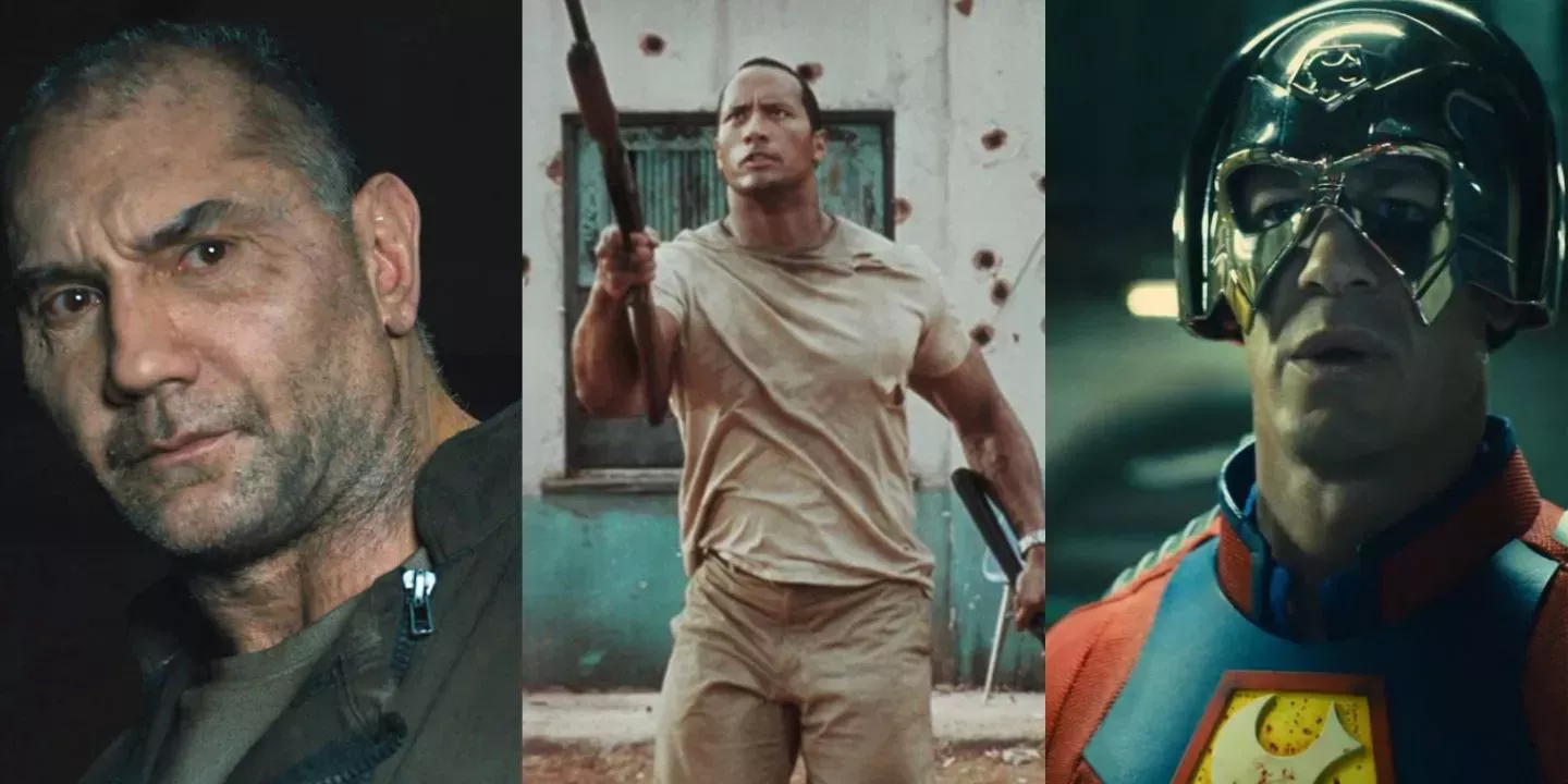 A split image of Dave Bautista in Blade Runner 2049, Dwayne Johnson in The Rundown, and John Cena in The Suicide Squad