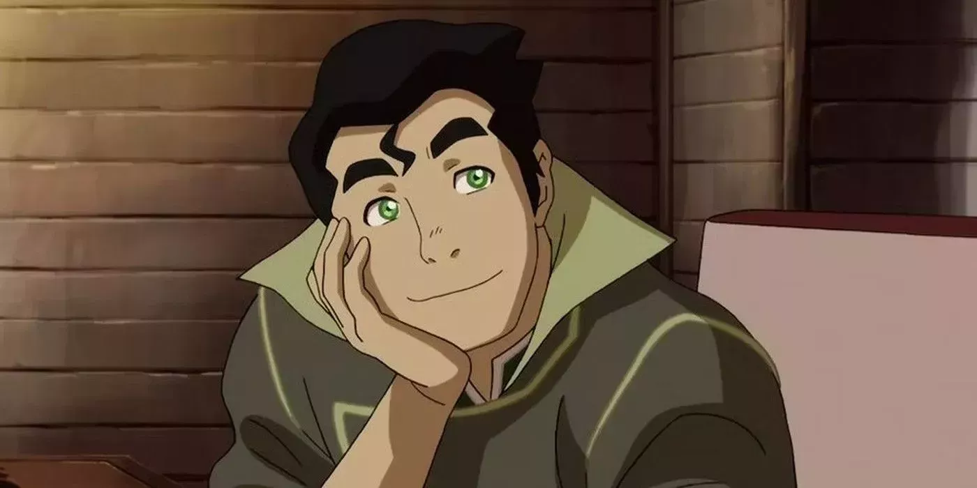 Bolin grins while resting his chin on his hand in The Legend of Korra.