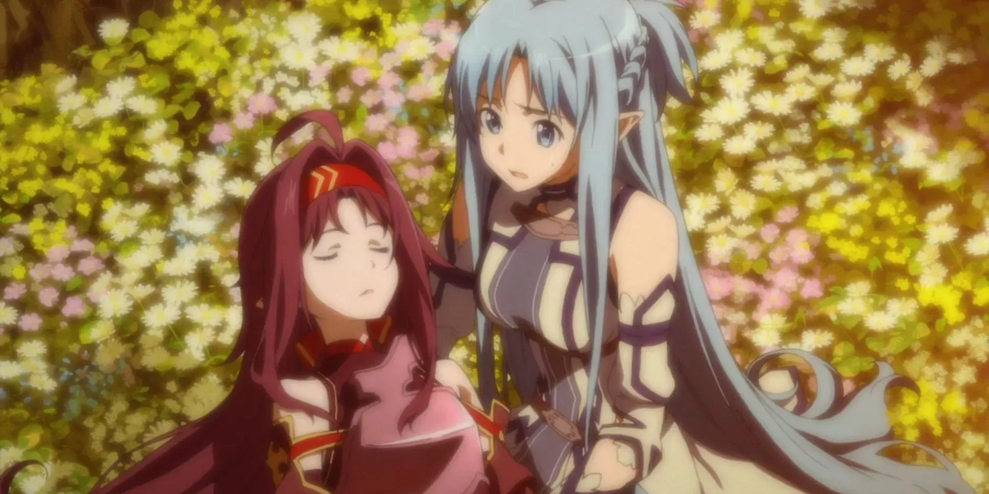 Asuna holding Yuuki in her arms in Sword Art Online.