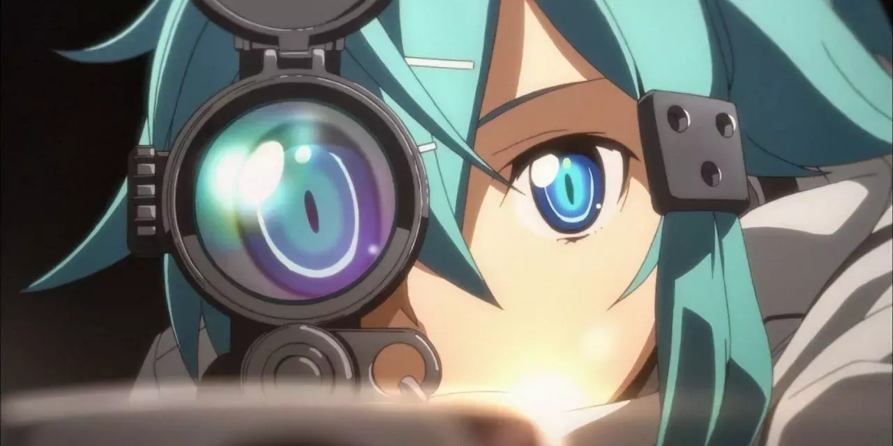 Sinon gets ready to snipe her target in Sword Art Online.