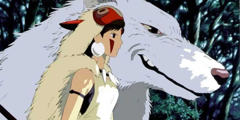 San stares with large wolf (Princess Mononoke)