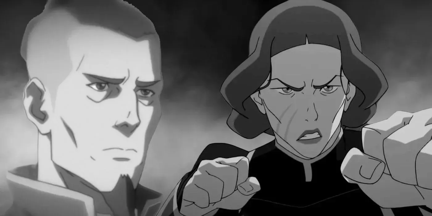 Flashback of Adult Sokka at a city council meeting; Lin Beifong with her fists up ready for battle from The Legend of Korra. 