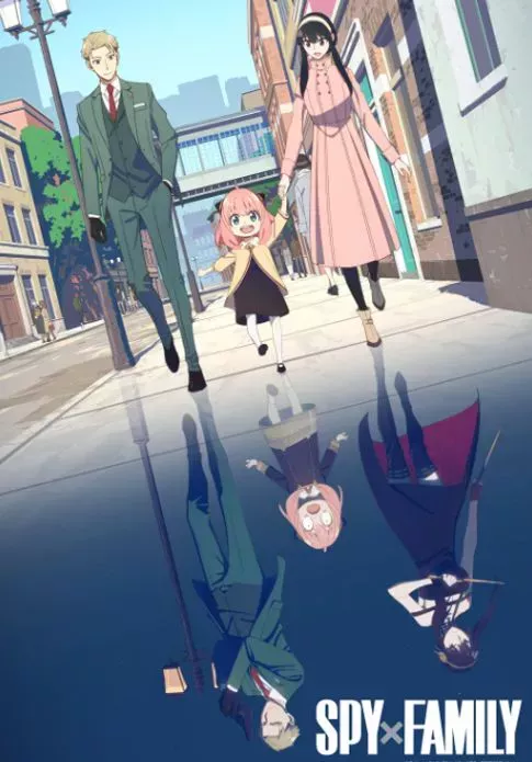 Loid, Anya and Yor walking side by side with their alter egos reflected below them in Spy x Family