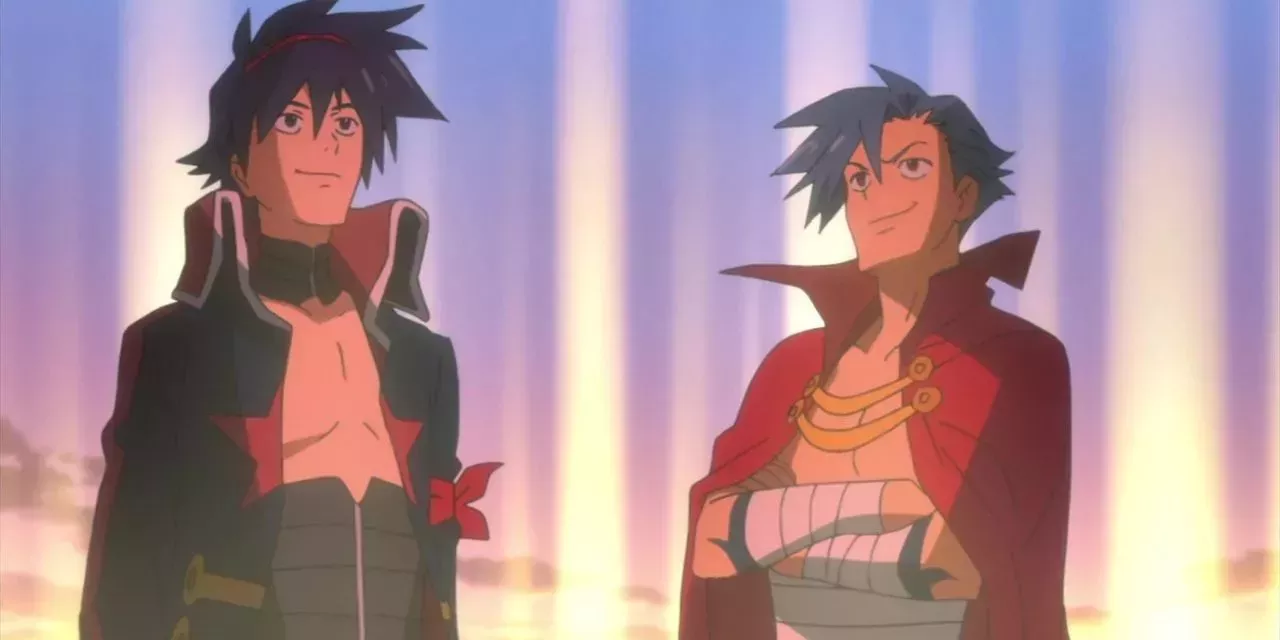 Simon standing next to Kamina in Trigger's Gurren Lagann