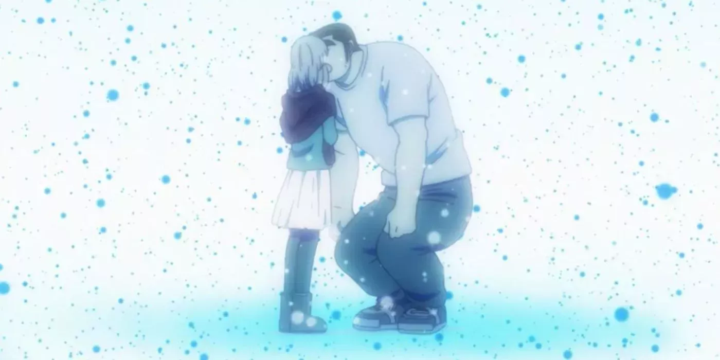 Yamato and Takeo kissing in the falling snow. 