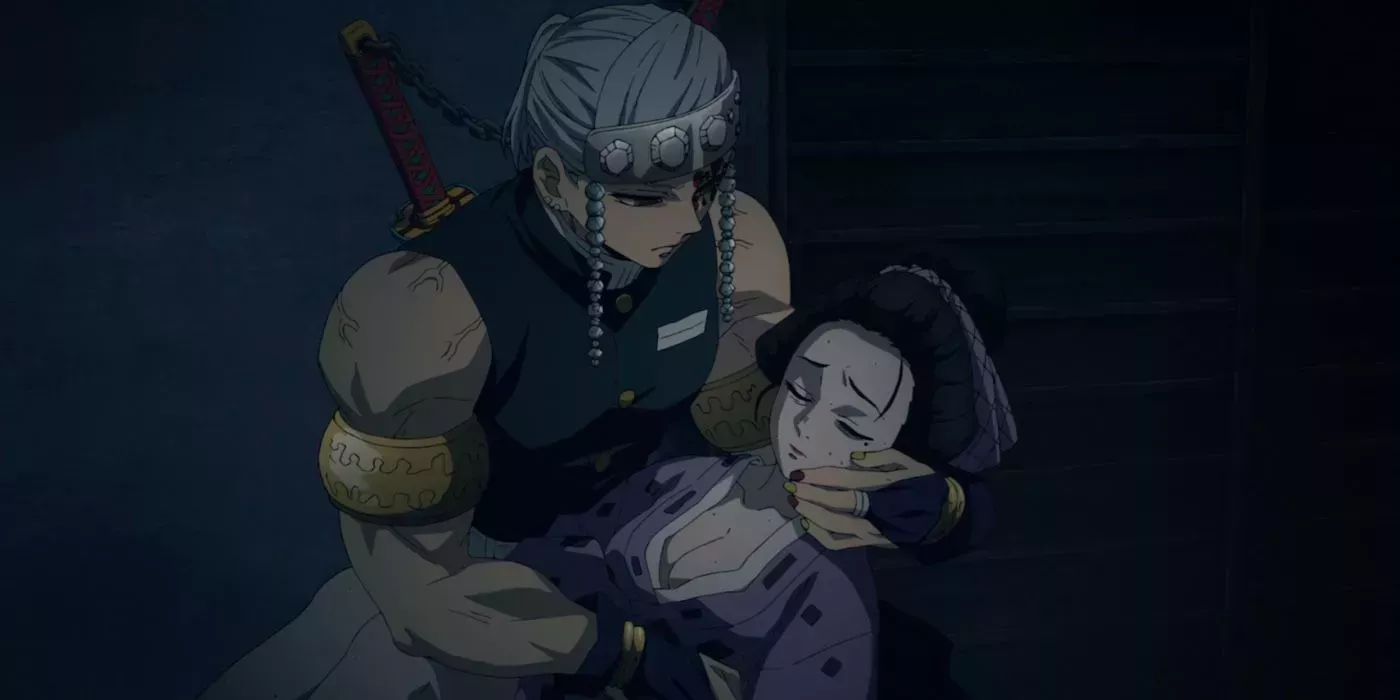 Tengen Uzui cares for Hinatsuru, one of his wives in Demon Slayer.