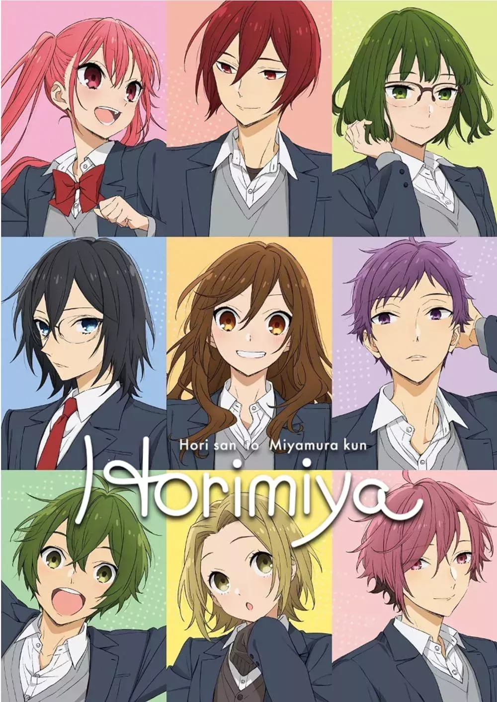 All the characters in their own colored boxes smiling and posing on Horimiya anime poster