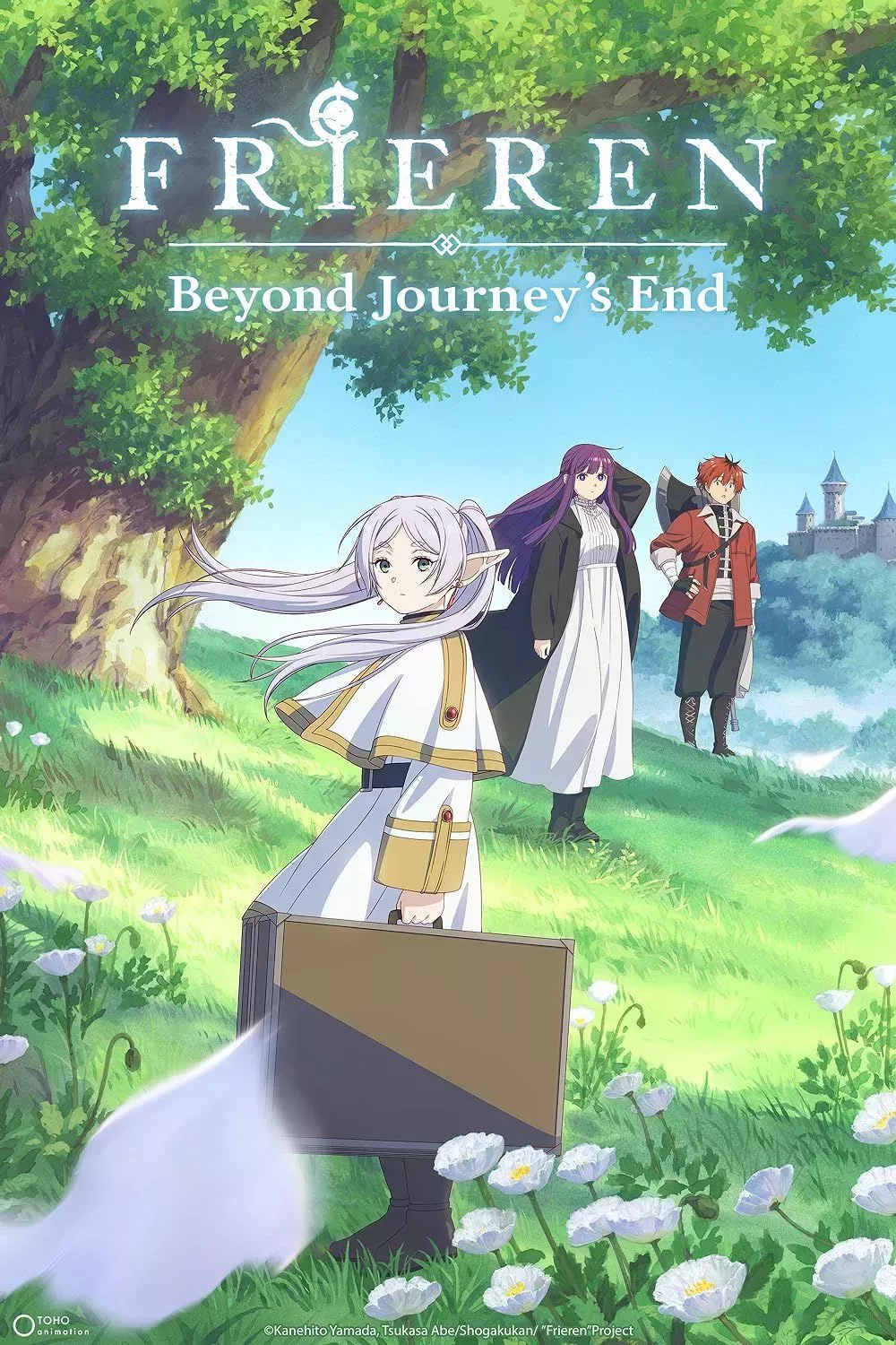 Frieren holds her briefcase with Fern and Stark in the background in Frieren: Beyond Journey's End poster