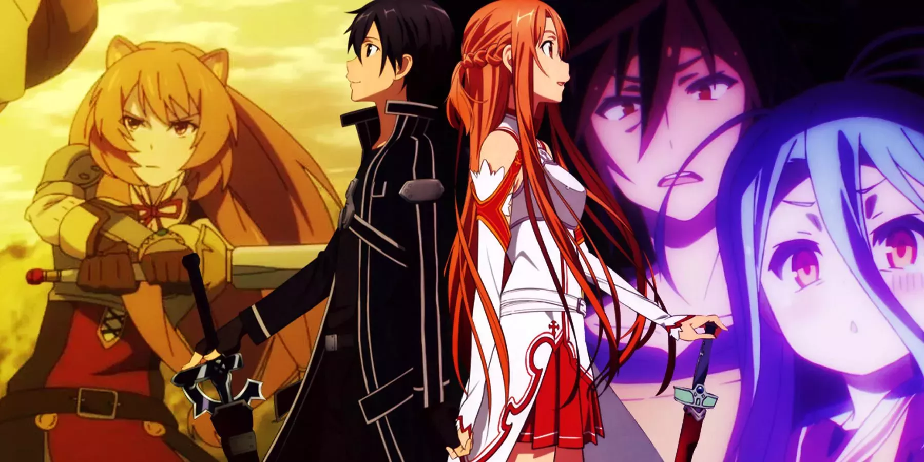 In the middle, of Sword Art Online stand back to back. On the left, Raphtalia from Rising of the Shield Hero defends prepares to swing her sword. On the right, Sora and Shiro of No Game No Life look surprised. 