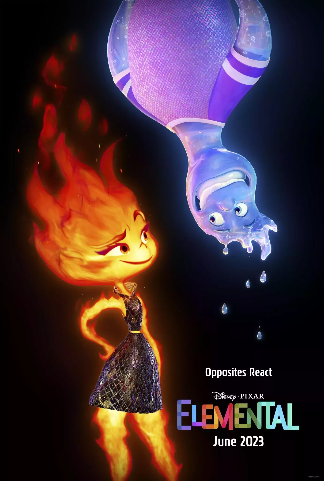 Ember and Wade stare at each other upside down on Elemental Poster