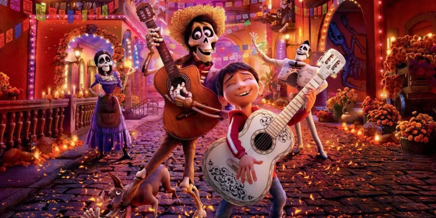 Hector and Miguel play guitar together while Imelda and Ernesto look on in the background in the afterlife. 