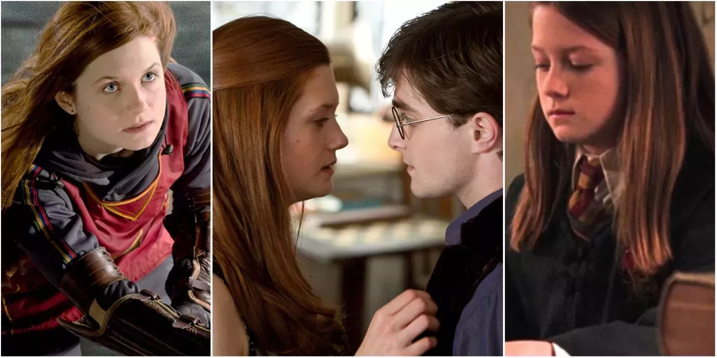 Ginny playing Quidditch, kissing Harry, and writing in Tom's diary