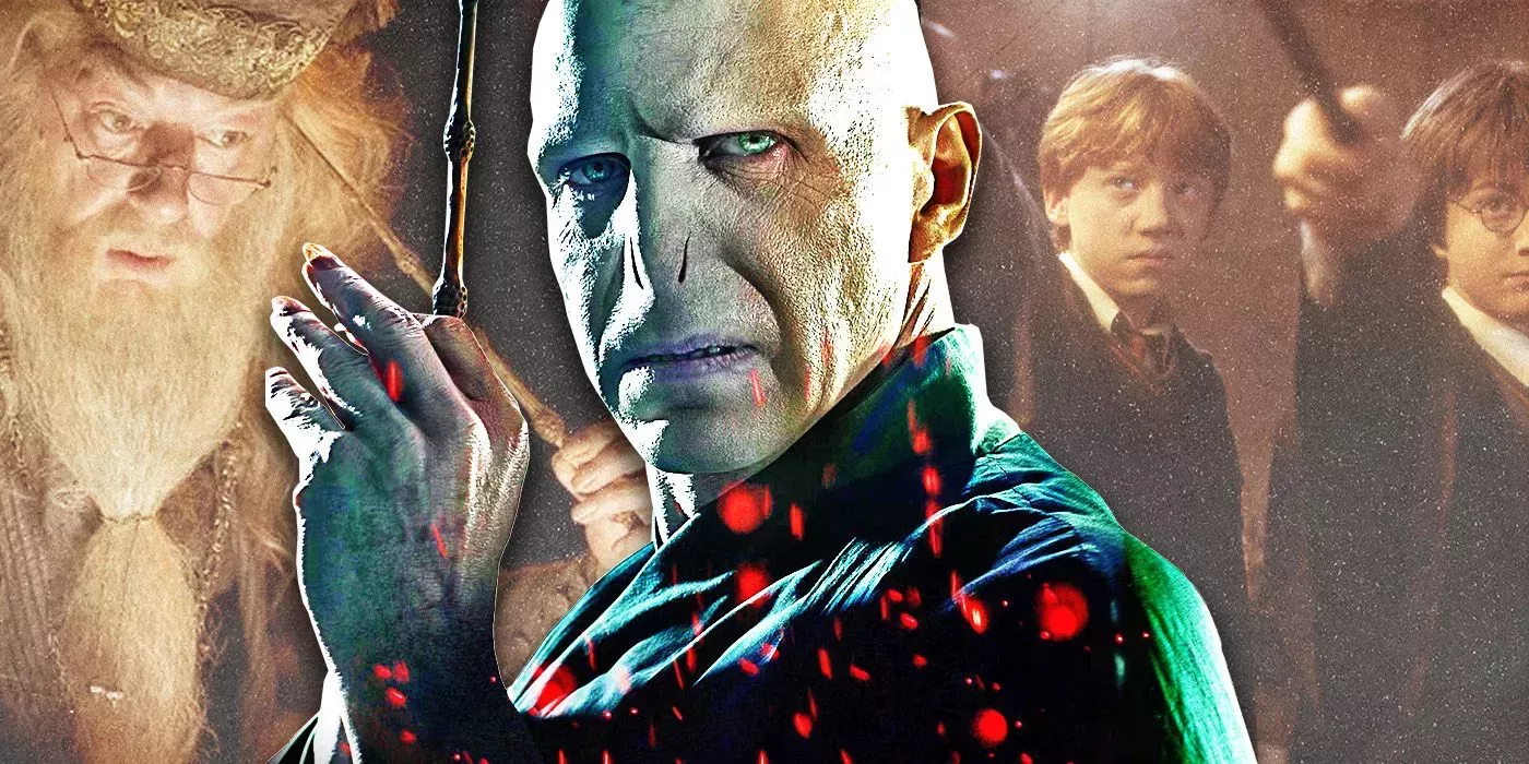 Dumbledore, Voldemort, Ron, and Harry with wands in Harry Potter