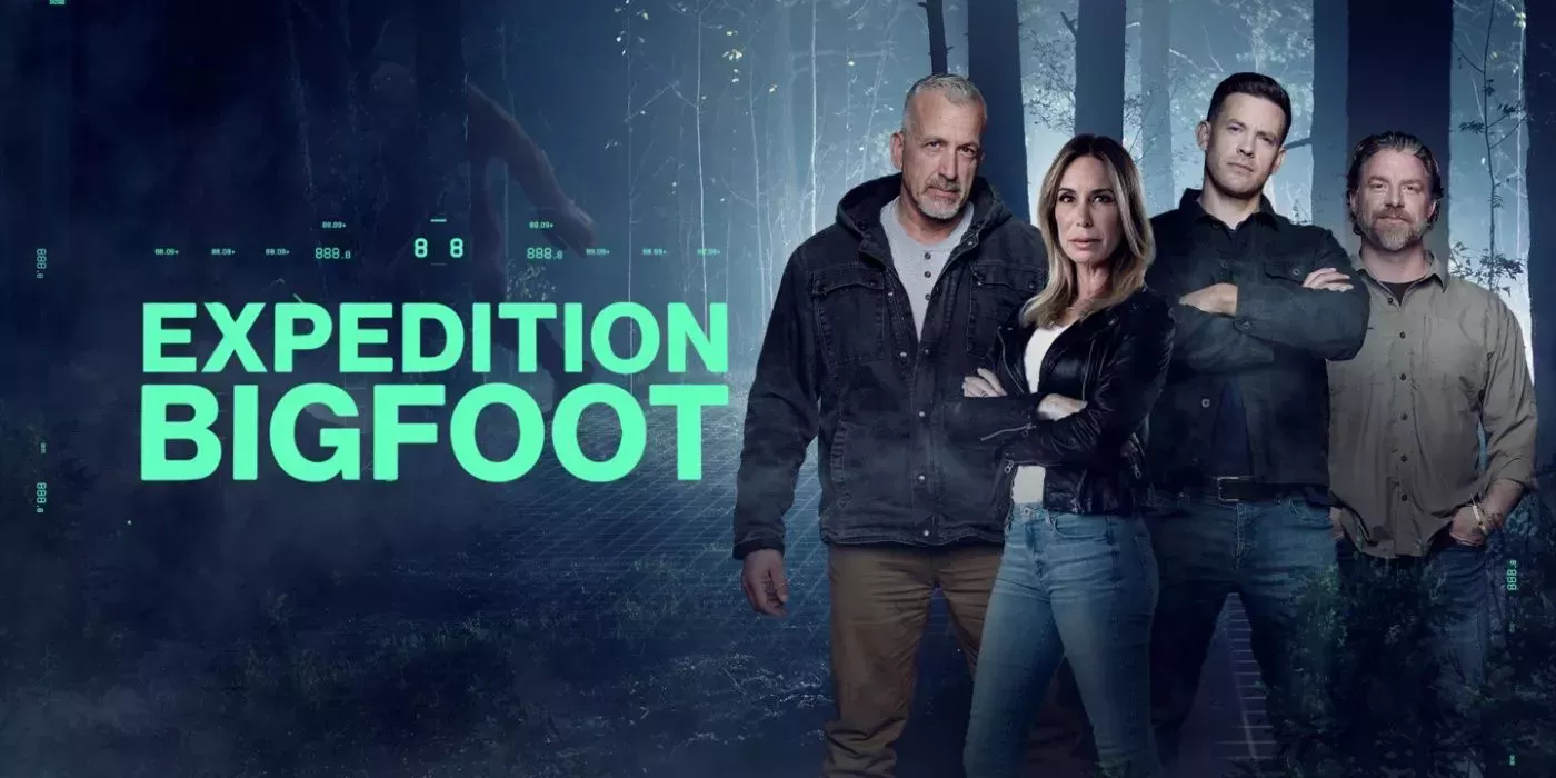 The cast poses with their arms crossed and serious expressions for a promotional image of Expedition Bigfoot