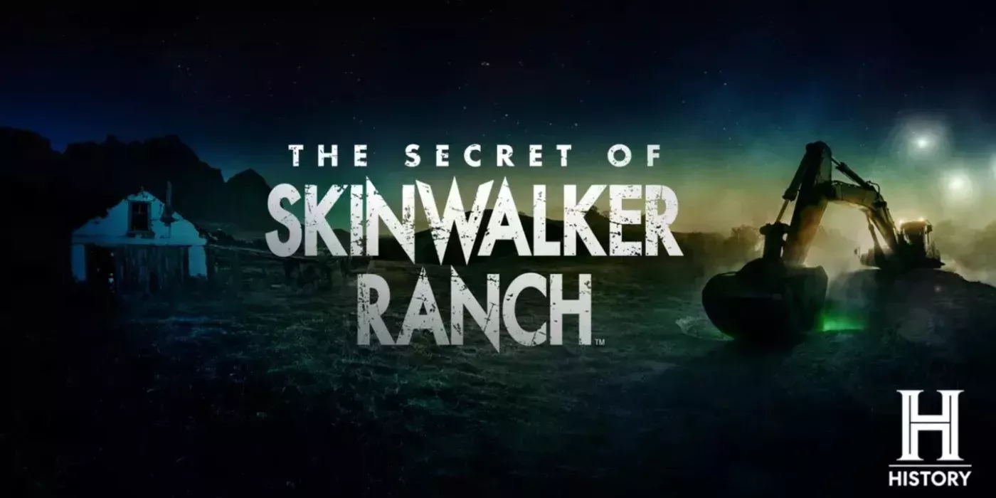 The Secret of Skinwalker Ranch poster image featuring a ranch and an excavator in the dark