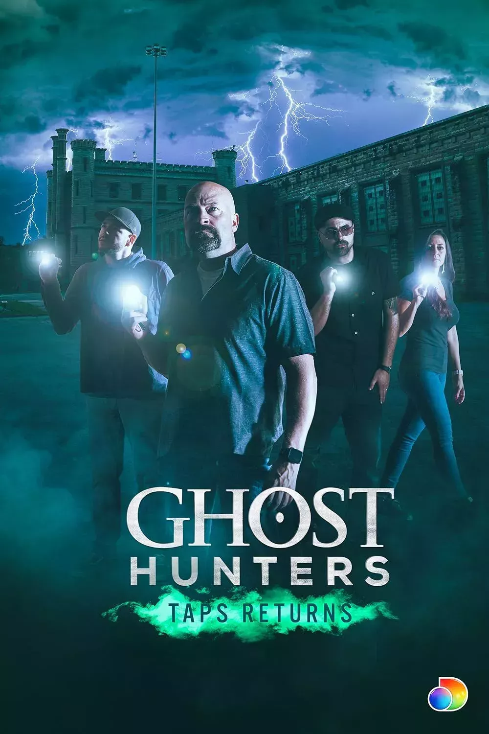 Ghost Hunters' poster including the main cast using flashlights