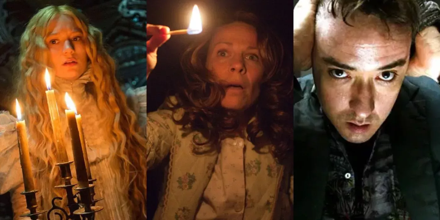 Edith in Crimson Peak, Carolyn holding a match in The Conjuring, and Mike in 1408 
