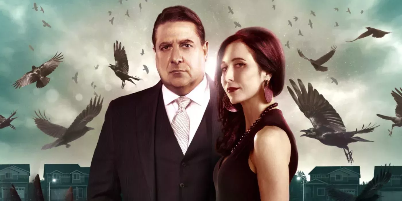 The Dead Files hosts pose for a promotional image while birds file on the background