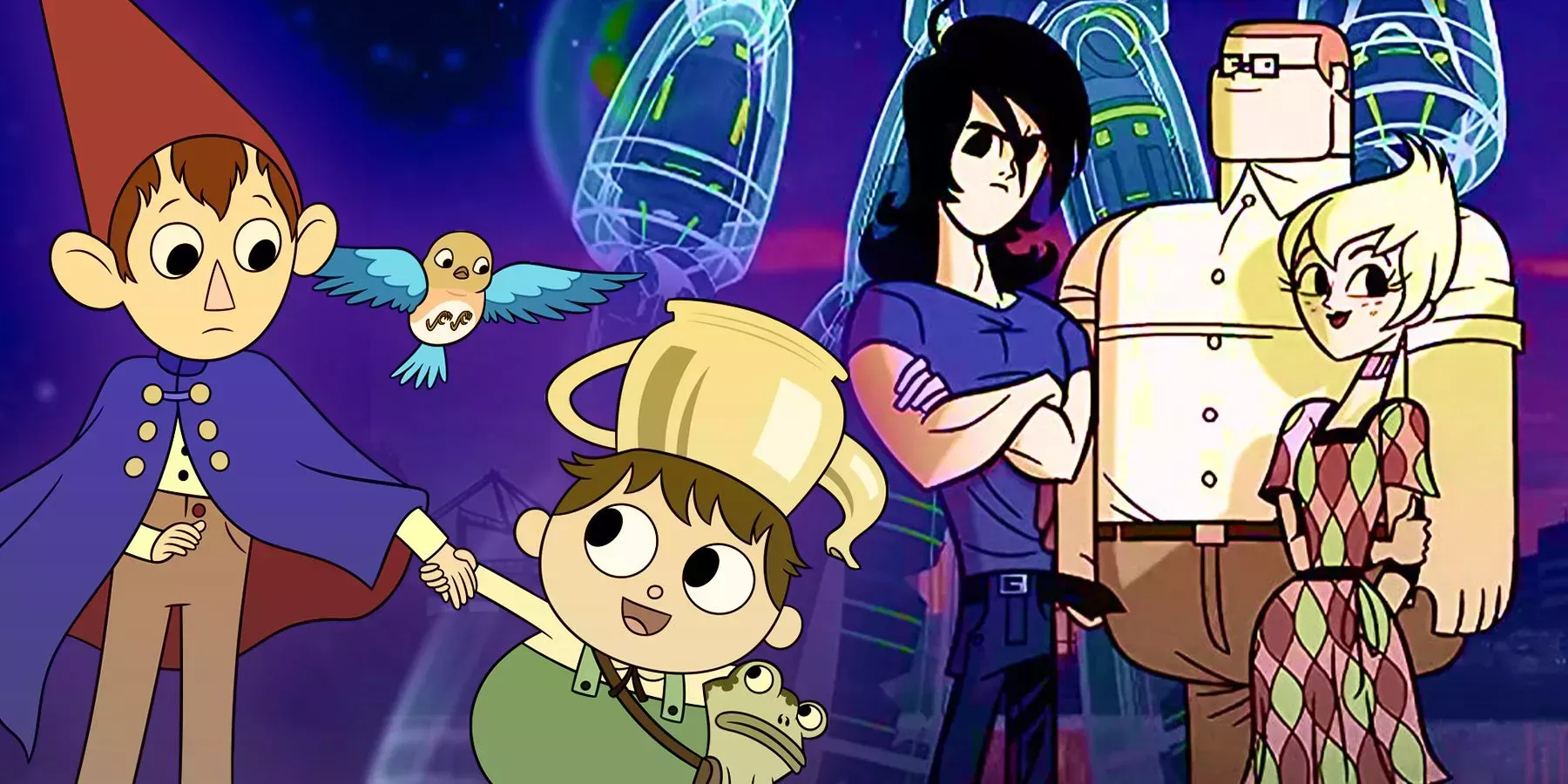 Wirt with his brother Gren from show Over the Garden Wall and Lance, Octus and Ilana from show Sym-Bionic Titan