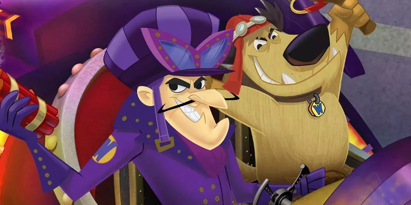 Dick Dastardly and Muttley are driving and holding a stick of dynamite in Wacky Racers