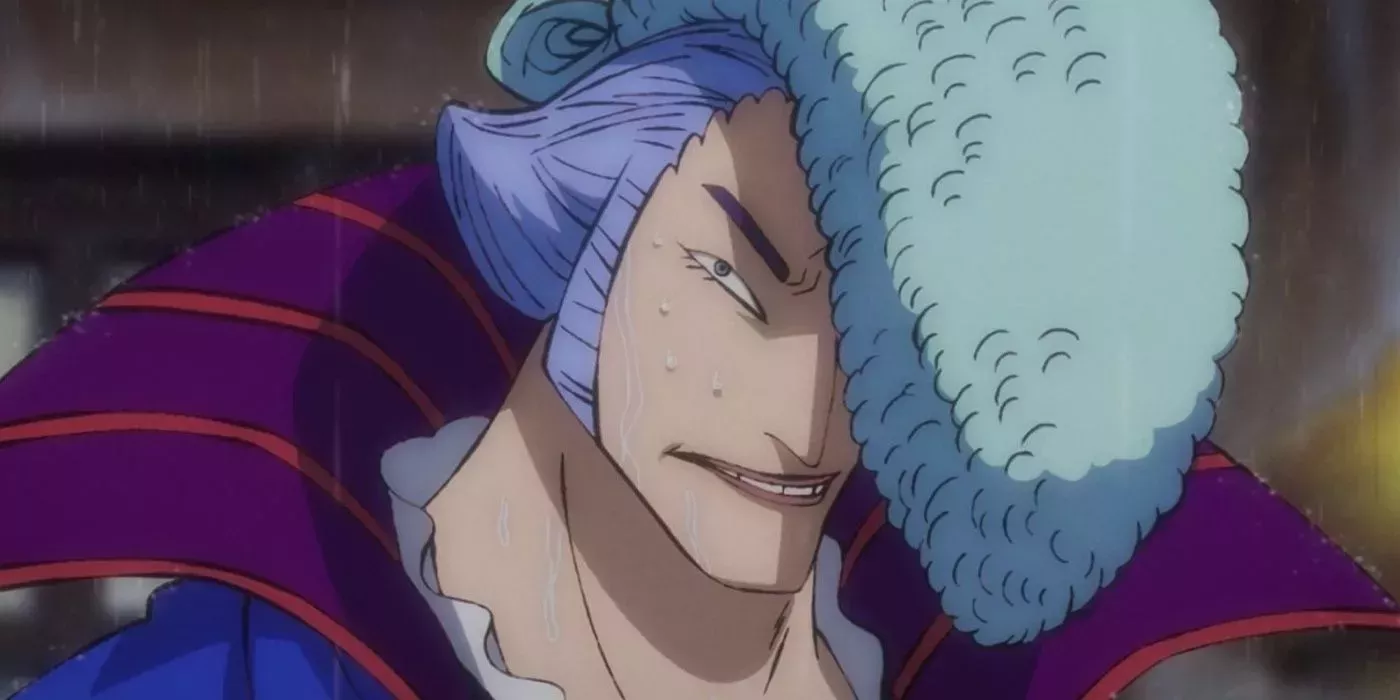 denjiro the samurai looks up in the rain