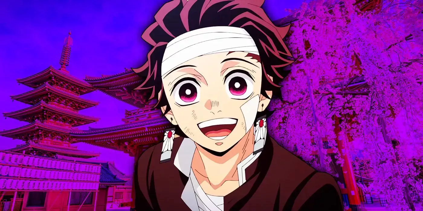 Tanjiro Kamado looks happy against a Japanese background.