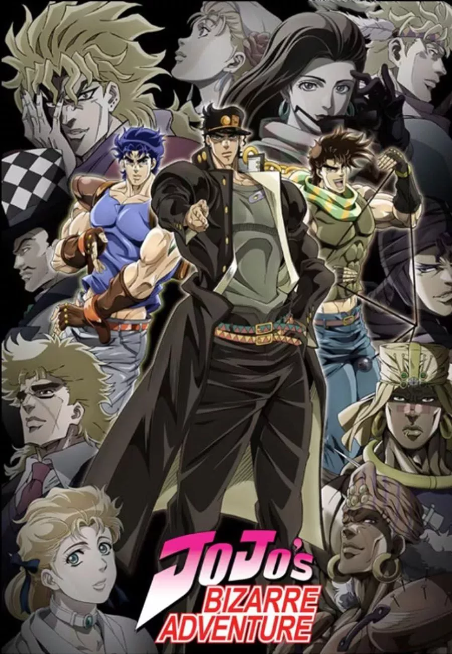 JoJo's Bizarre Adventure with Joseph Joestar in front pointing