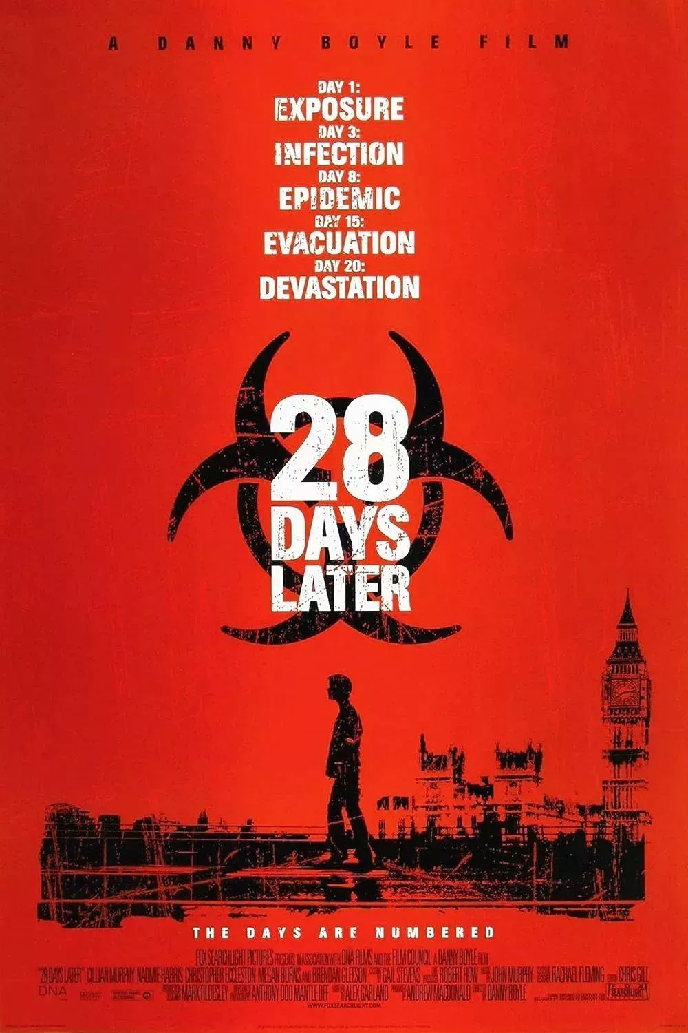 A man's silhouette roaming around a city on the poster of 28 Days Later