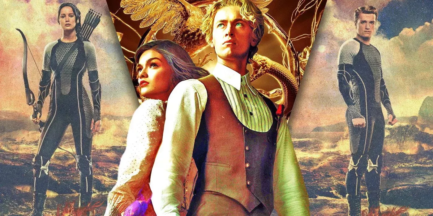 Lucy Gray and Coriolanus from The Hunger Games: The Ballad of Songbirds and Snakes flanked by Katniss and Peeta from Catching Fire.