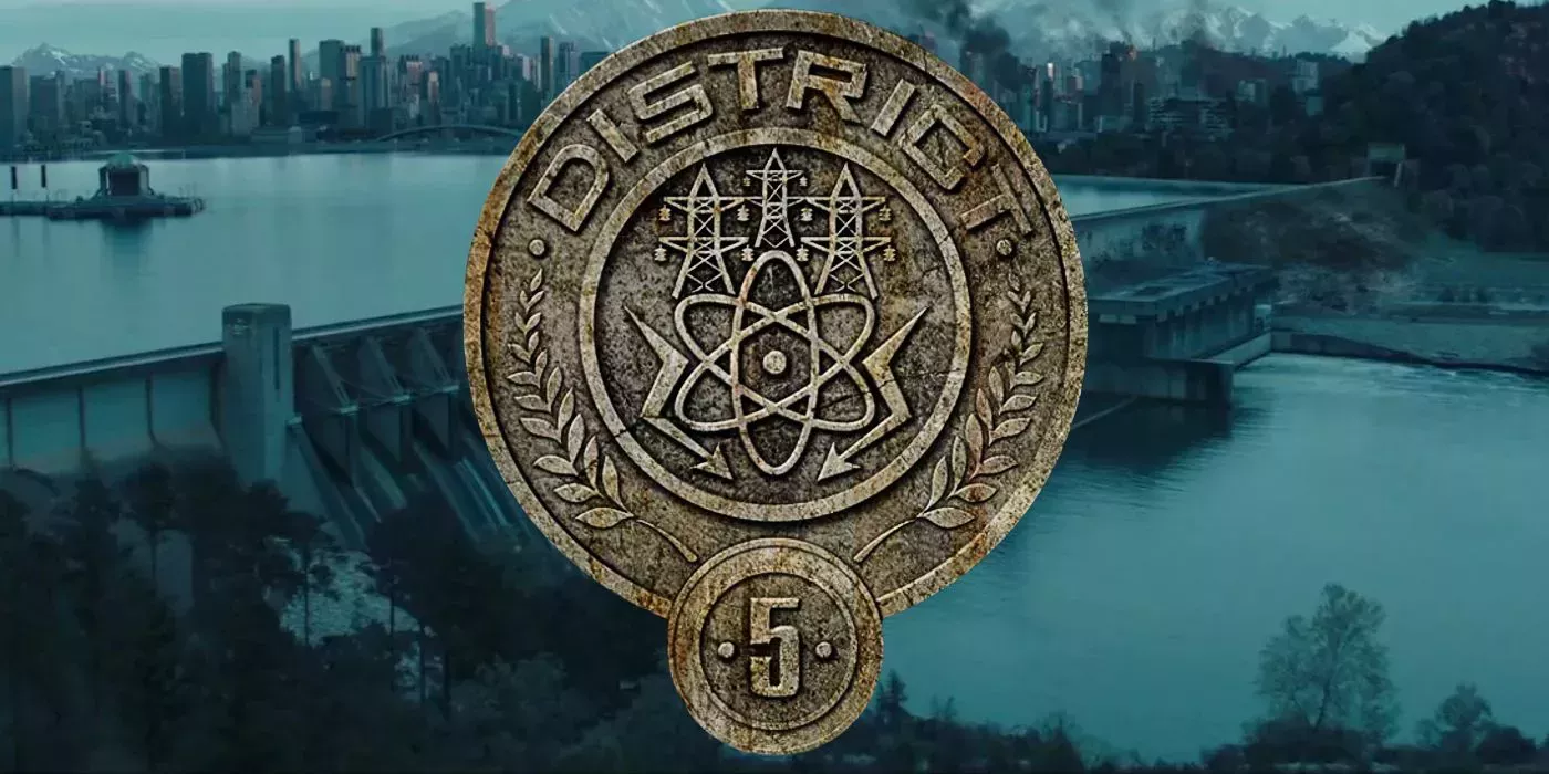 District 5 logo superimposed over the dam in The Hunger Games