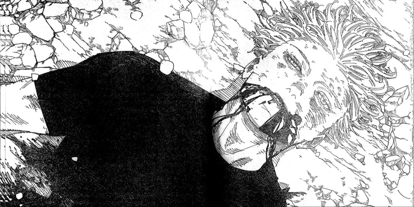 Gojo lying dead after being defeated by Sukuna in Jujutsu Kaisen