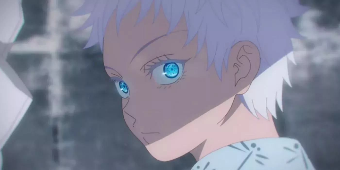 Gojo as a child, looking behind him with glowing blue eyes using the six eyes technique in JJK.