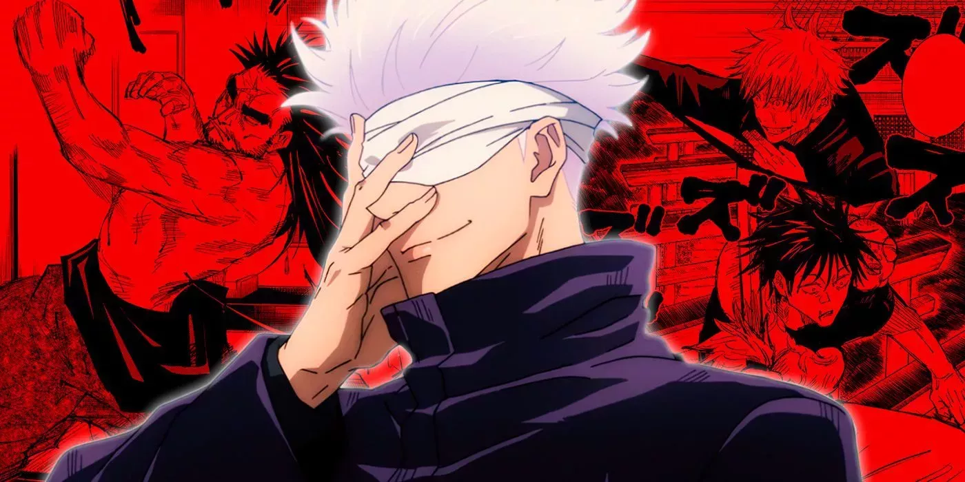 A custom collage of Gojo smiling in front of manga panels from Jujutsu Kaisen
