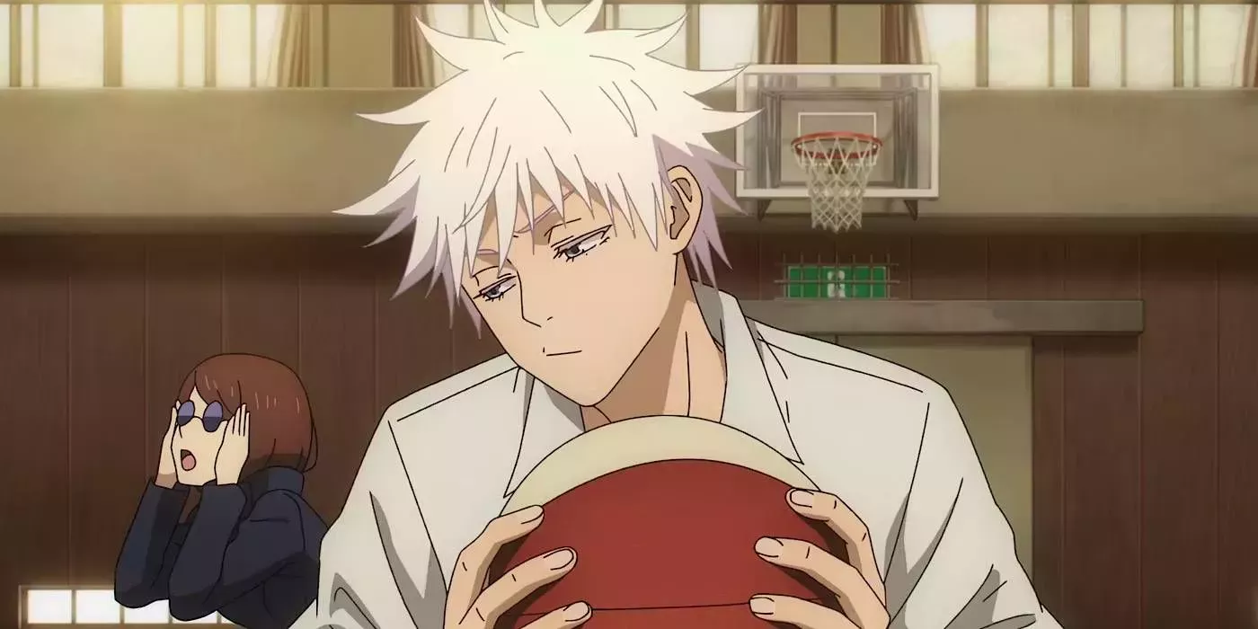 Gojo Satoru squatting while holding a basketball with Shoko wearing his glasses behind him