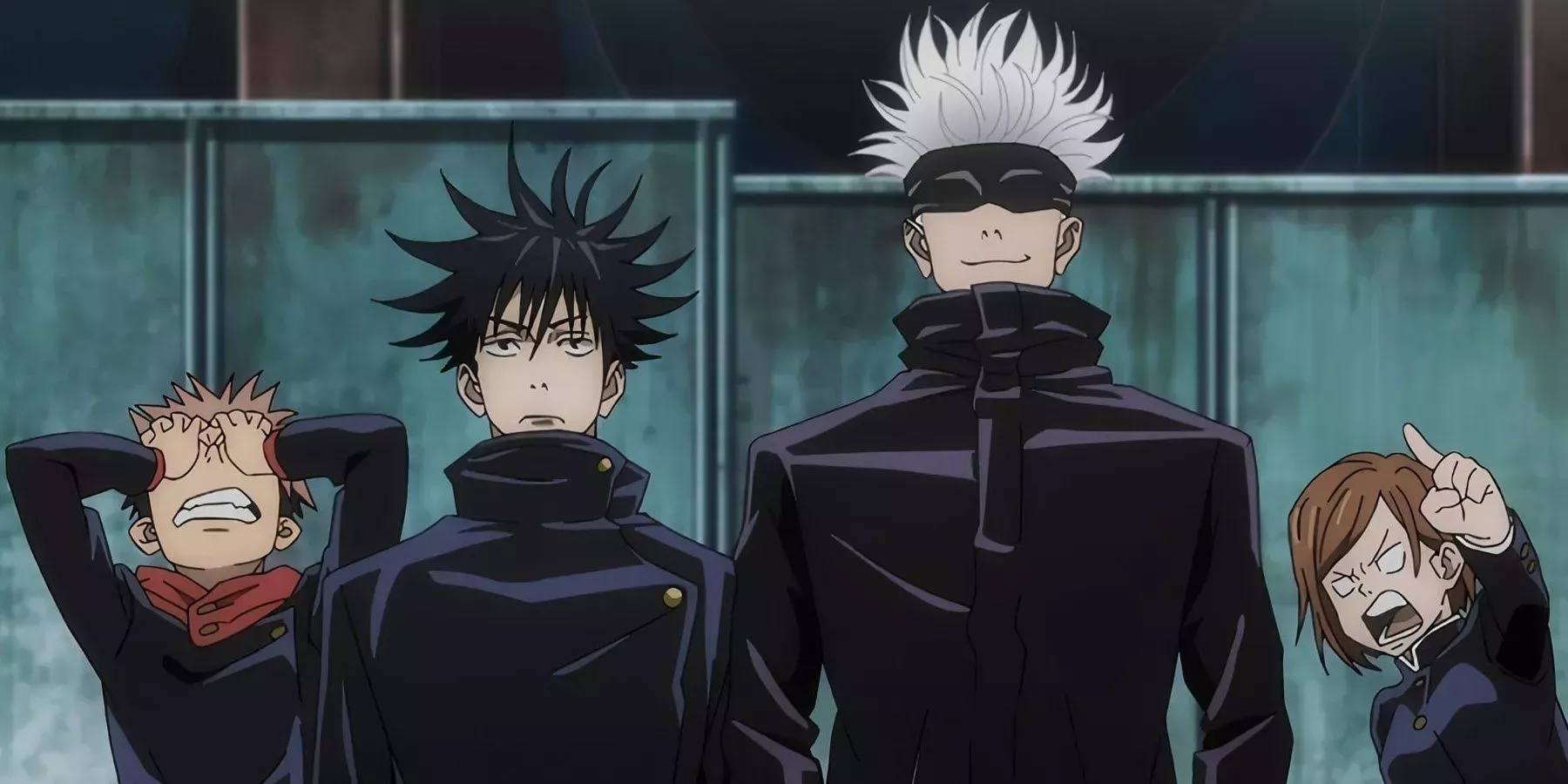 The main cast of characters in Jujutsu Kaisen - Yuji, Gojo, Megumi, and Nobara.