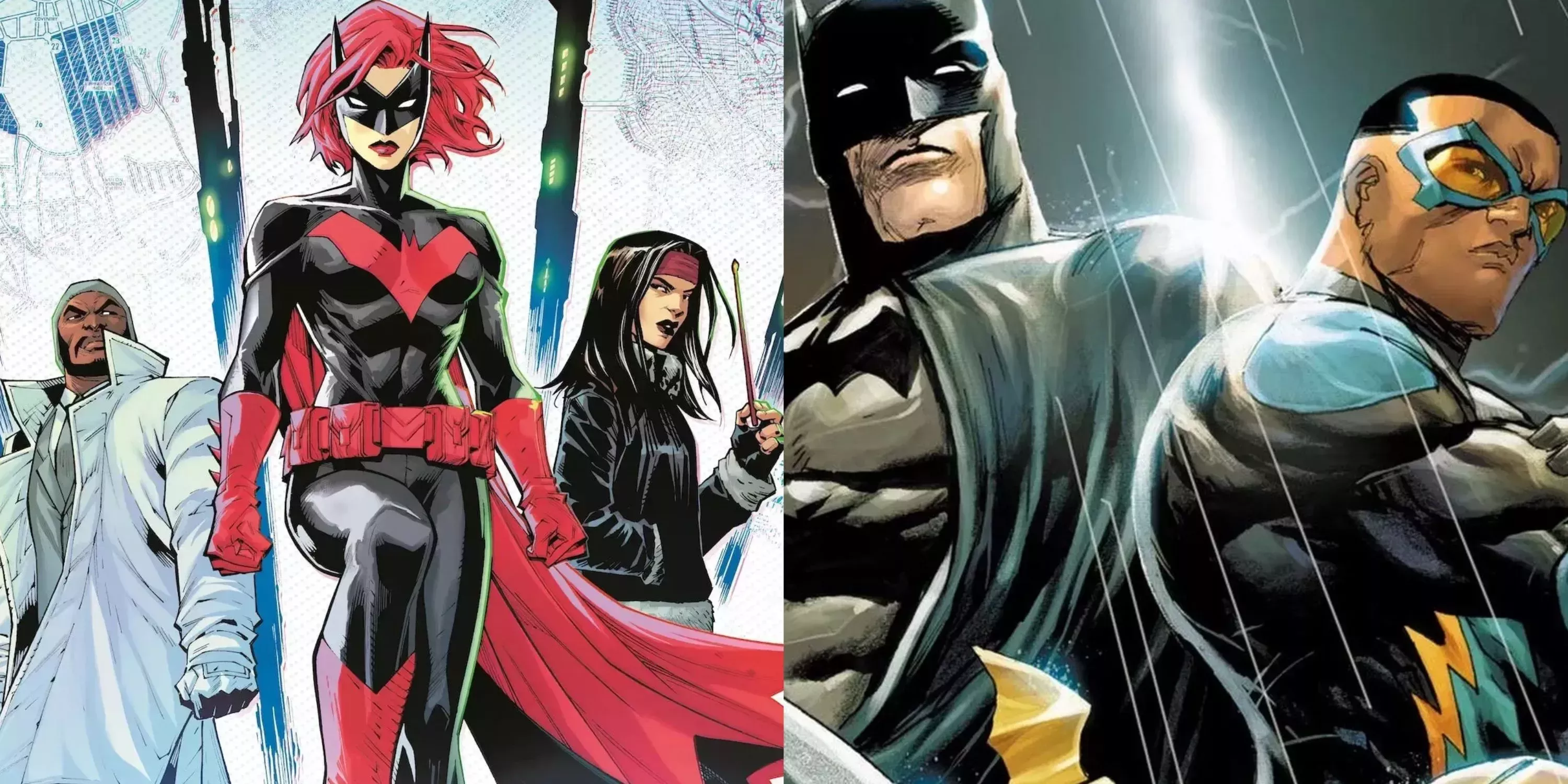Split image Batman and the Outsiders 2023 and 2019 covers with Batwoman and Black Lightning