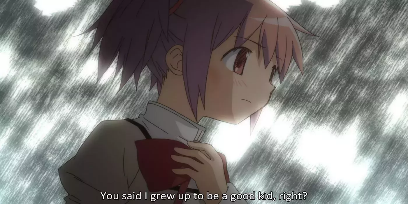 Madoka talking to her mother after being slapped by her for trying to leave during a storm in Puella Magi Madoka Magica.
