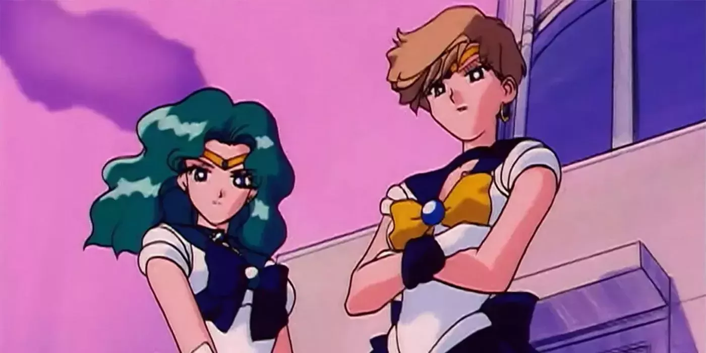 Sailor Uranus and Sailor Neptune standing together in the original Sailor Moon anime