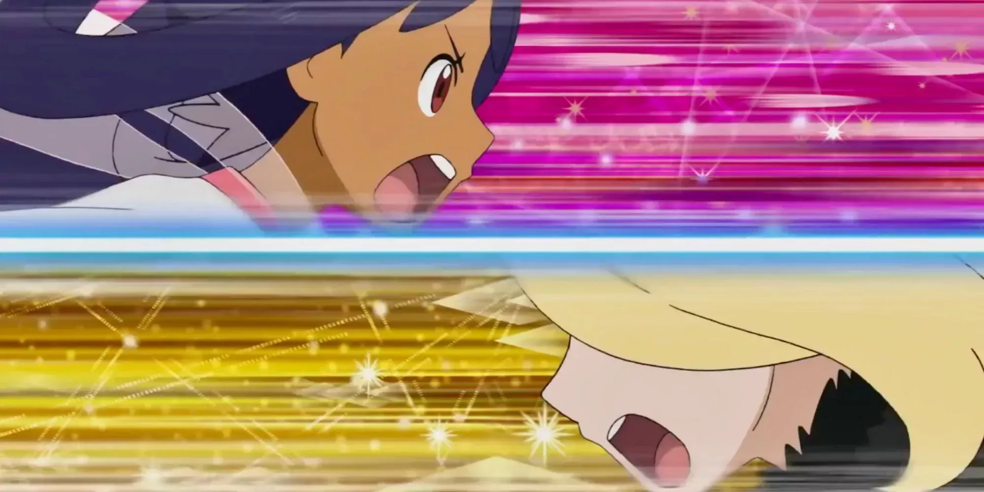 Iris vs Cynthia attack in unison in a still from Pokemon Journeys