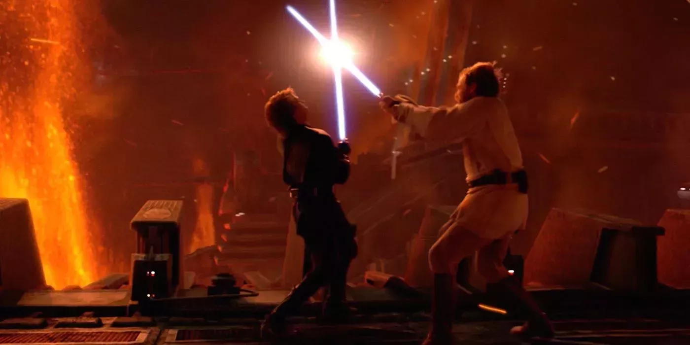 Obi-Wan Kenobi fights Anakin Skywalker in a lightsaber duel on Mustafar in Star Wars: Revenge of the Sith