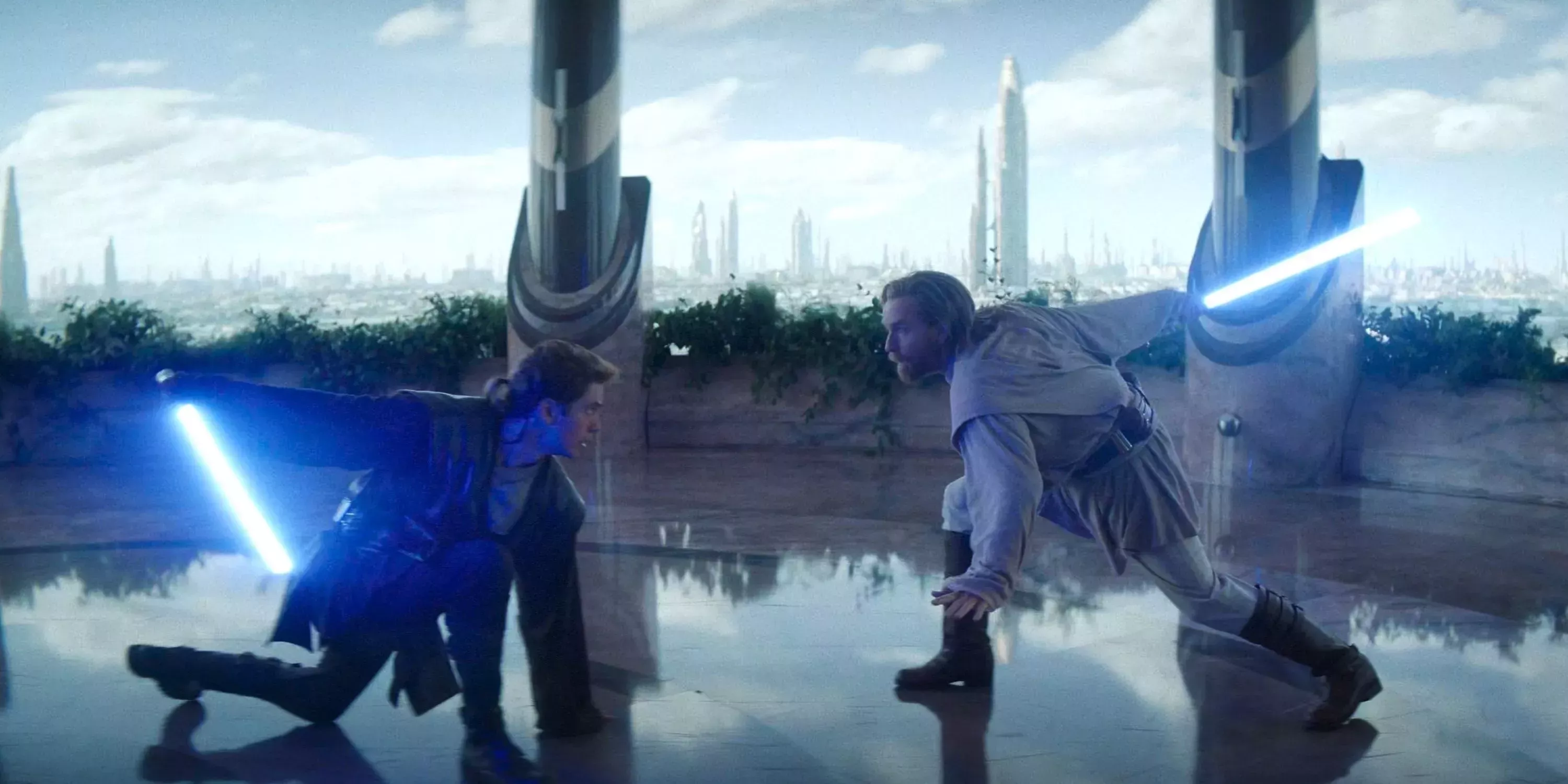 Anakin and Obi-Wan in the middle of a training duel in the Jedi Temple.